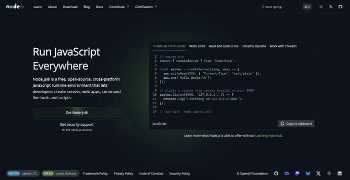 The nodejs.org homepage